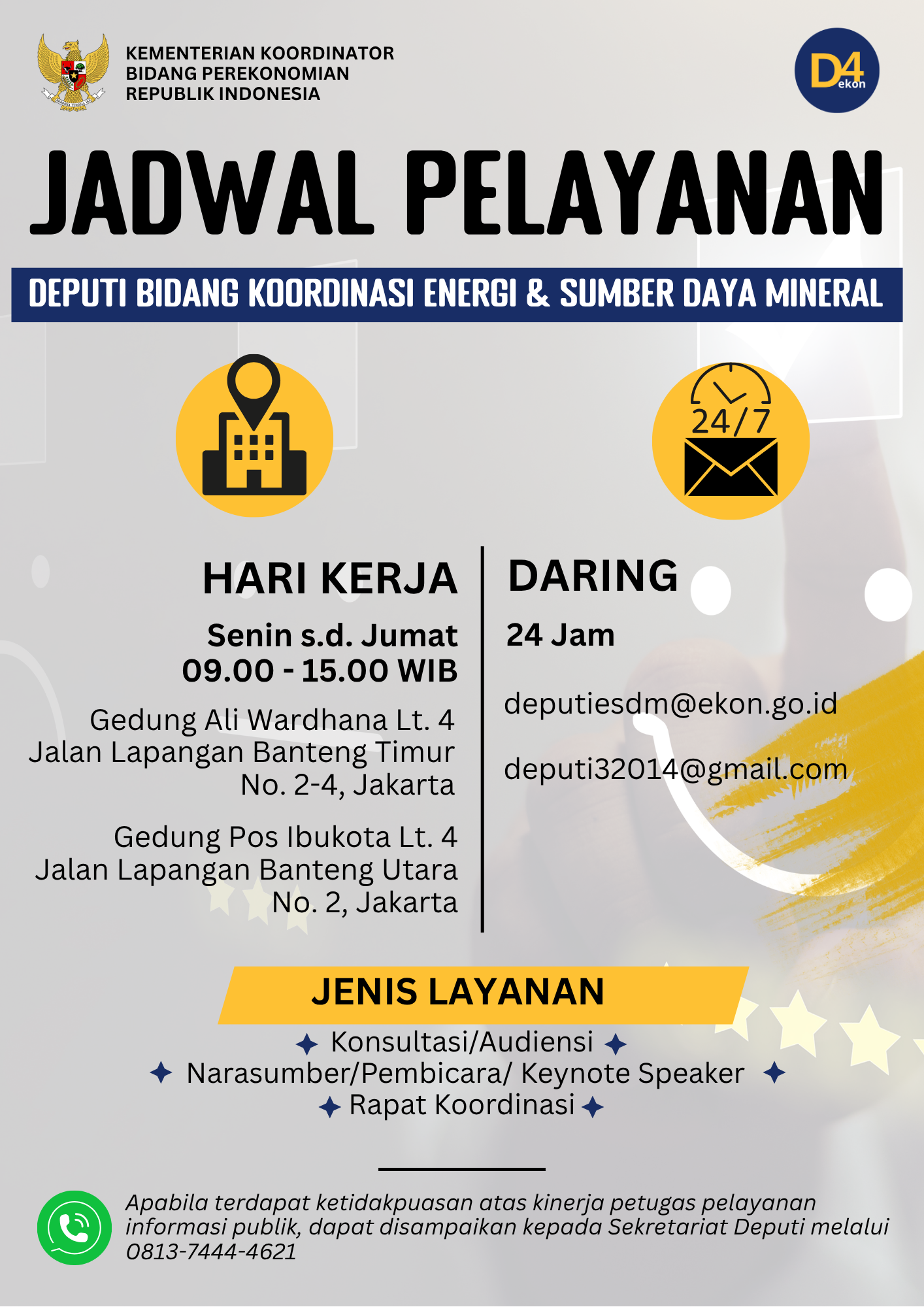 Jadwal Pelayanan Deputi Bidang Koordinasi Energi dan Sumber Daya Mineral