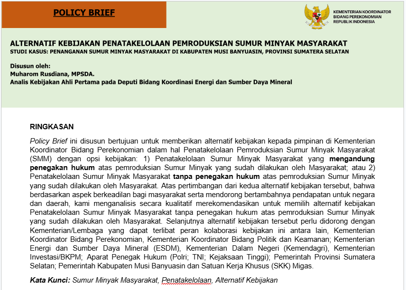 ALTERNATIF KEBIJAKAN PENATAKELOLAAN PEMRODUKSIAN SUMUR MINYAK MASYARAKAT 